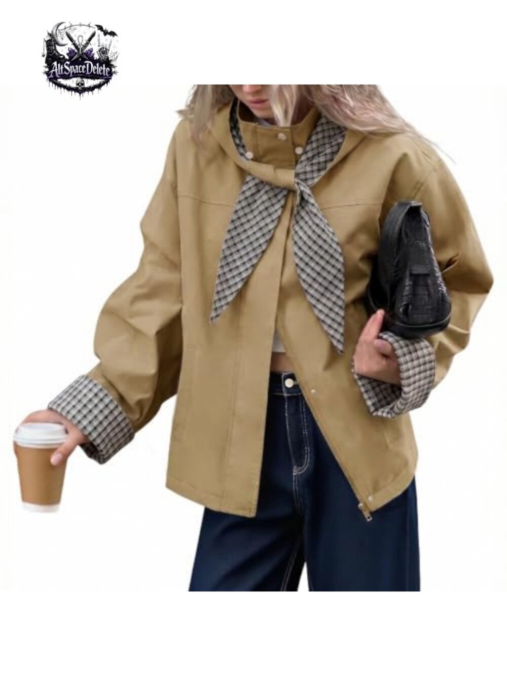 Womens Cropped Trench Coat Plaid Detachable Hood Fall Jacket